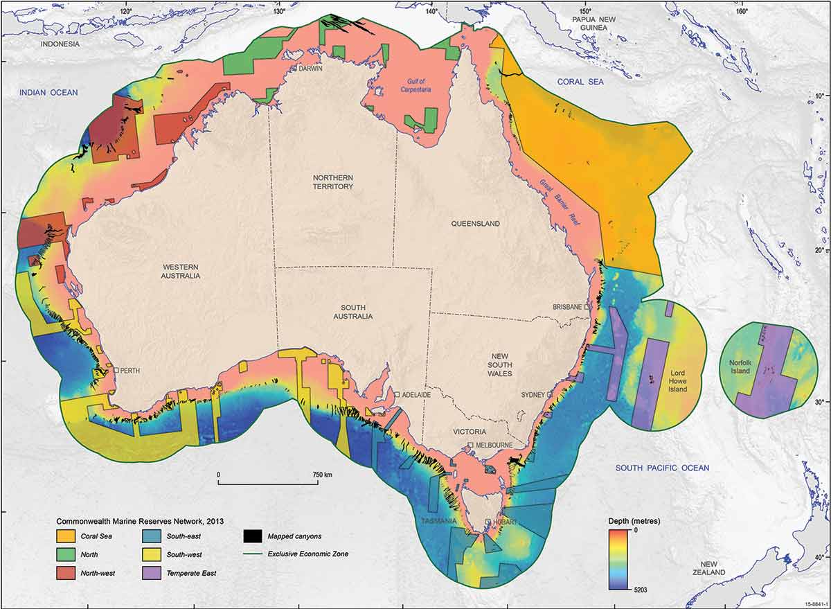 Map of Australia showing submarine canyons in relation to CMRs.