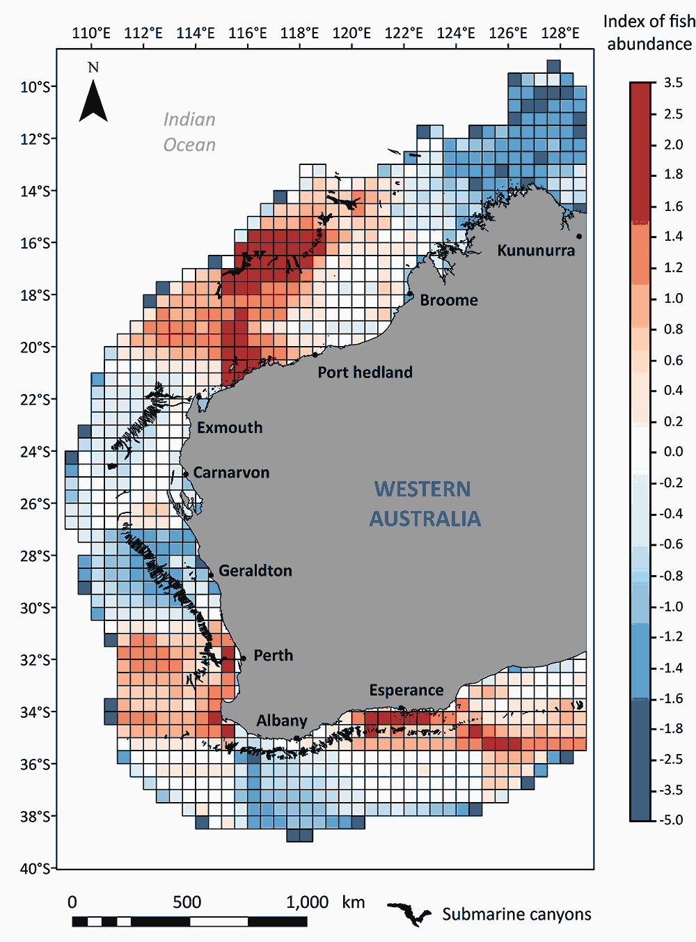 Chart showing Western Australia and grid of predicted fish abundance.
